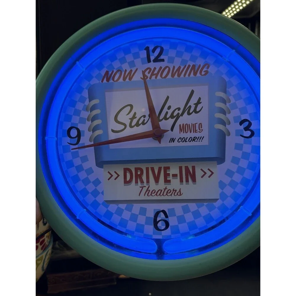 Ravina Clock Company  BLUE Twin Bell  Neon Clock Starlight Movies Drive In. GUC!